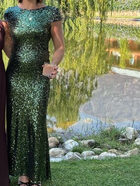 Badgley Mischka Emerald Green Sequin Low Back Gown